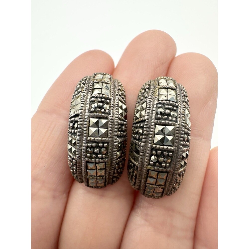 Vintage FAS Signed Marcasite Half Hoop Sterling Silver Earrings